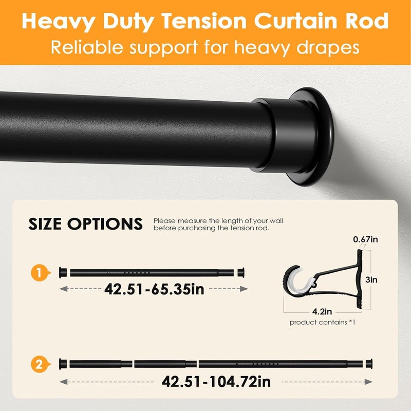 fvonzn Tension Curtain Rod 43-104 Inches Extra Long Black Heavy Duty Tension Rods Adjustable Curtain Rod No Drilling Spring Loaded Tension Rod for Windows Patio Hold Up Blackout Curtains and Non Slip - Image 3